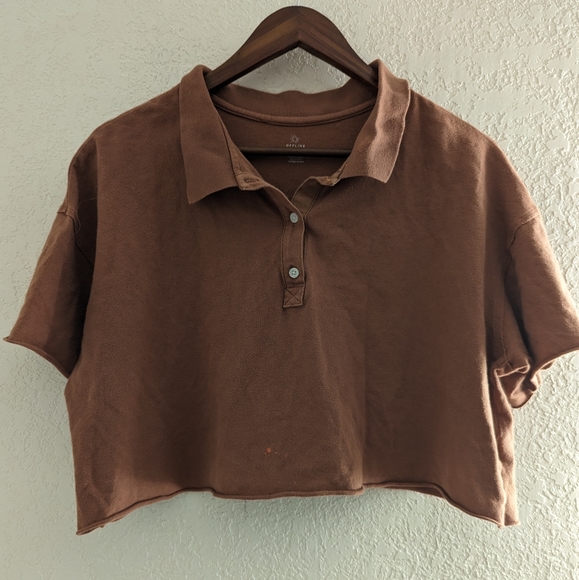 aerie Tops - Offline by Aerie Crop Brown Polo Button Down Tee Shirt